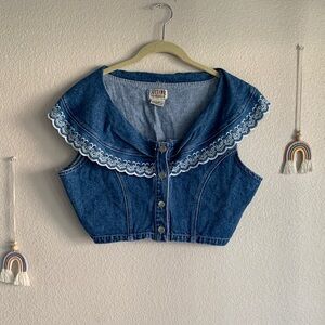 Vintage Denim 80s 90s Cottagecore Grunge Lace Eyelet Top Crop Large Button Down